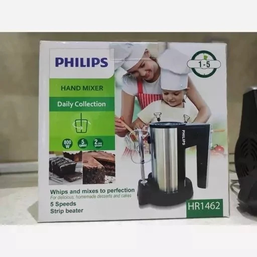 همزن دستی فیلیپس سه شاخه مدل hr1462 هلند، 800 وات بدنه استیل 5 سرعته توربو بسیار با کیفیت و دارای پایه ثابت سری ها