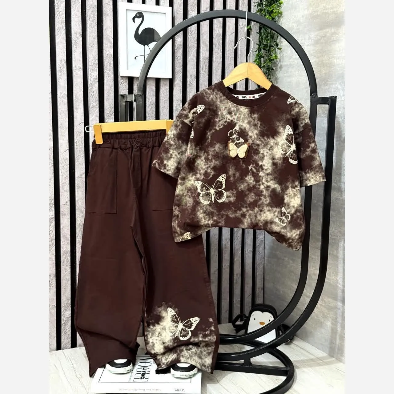 لباس دخترانه طرح پروانه نخ پنبه لاکرا تیشرت و شلوار سایز 50 تا 65