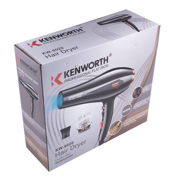 سشوار حرفهای کنورث مدل KW-9020 با موتور AC قدرتمند 9000 وات، تنظیم دما در سه حالت، دو سرعت باد، فناوری یونیزاسیون ضد وز، باد سرد برای تثبیت حالت، طراحی کمصدا، همراه با متمرکزکننده باریک