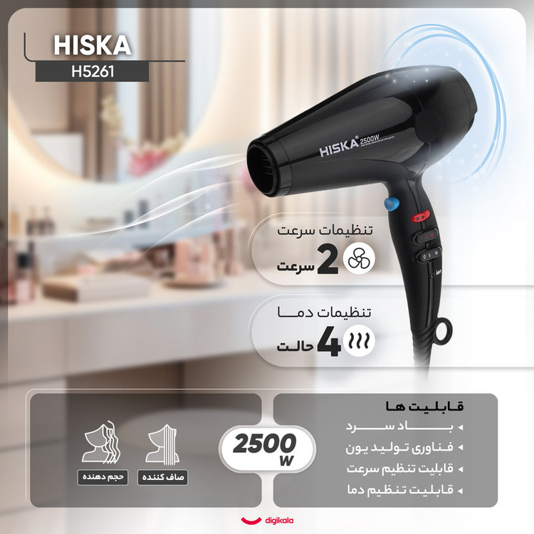سشوار حرفهای هیسکا مدل H5261 با موتور AC پرقدرت 2500 وات، فناوری تولید یون، دکمه باد سرد، تنظیم دما در چهار حالت، کنترل سرعت دو حالته، وزن 1350 گرم، به همراه دیسپانسر و 2 عدد سری متمرکزکننده