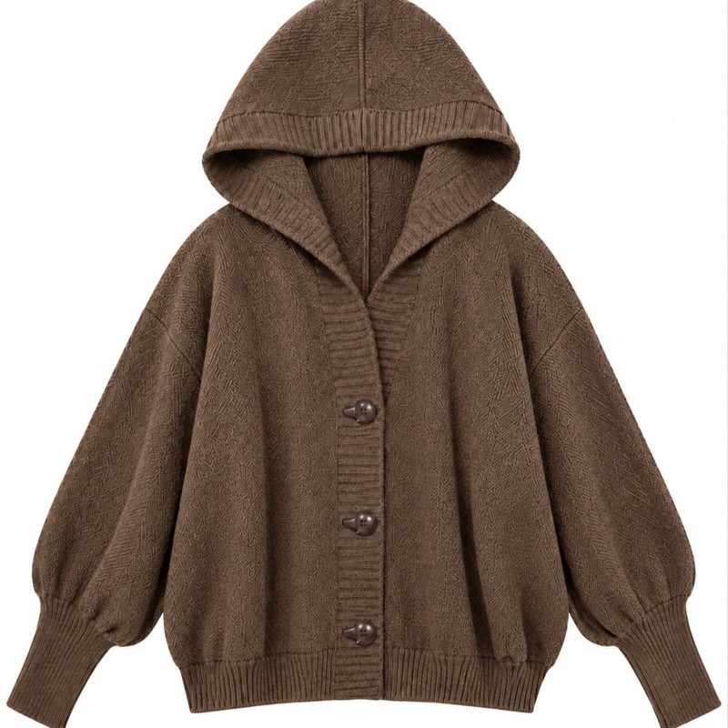ژاکت زنانه بافت کیمونو مدل ساده کلاه دار با دکمه