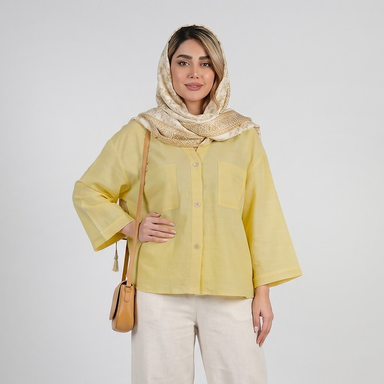 کراپ شومیز آستین سه ربع یقه برگردان زنانه هایکا مدل کادنزا