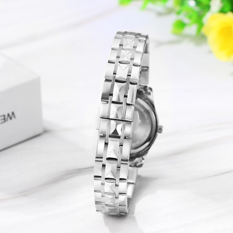 ست ساعت مچی عقربه ای کوارتز زنانه و مردانه مدل کلاسیک دی دیت بند استیل طرح تراش الماسی کد S001
