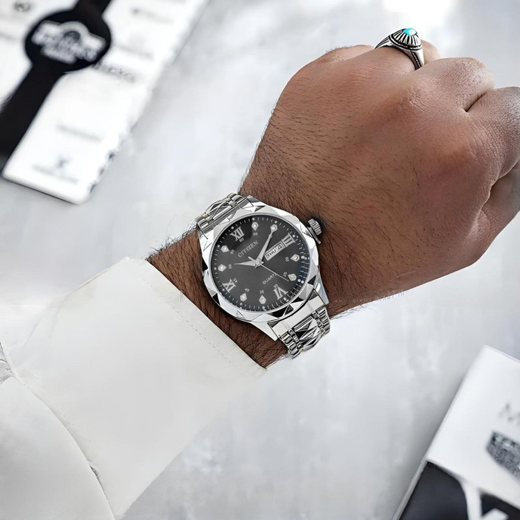 ست ساعت مچی عقربه ای زنانه و مردانه مدل کوارتز دو تقویم دی دیت الماسی کد 08