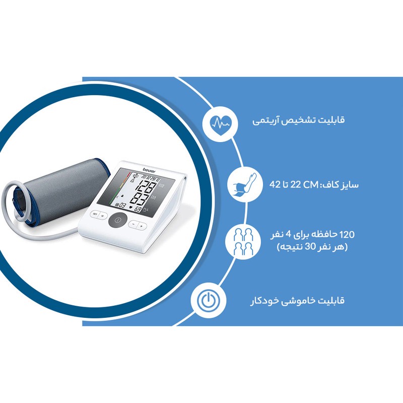 فشارسنج بازویی دیجیتال بیورر مدل BM28 با حافظه 120 رکورد برای 4 کاربر، نمایشگر LCD بزرگ، تشخیص آریتمی، هشدار خطای محا...