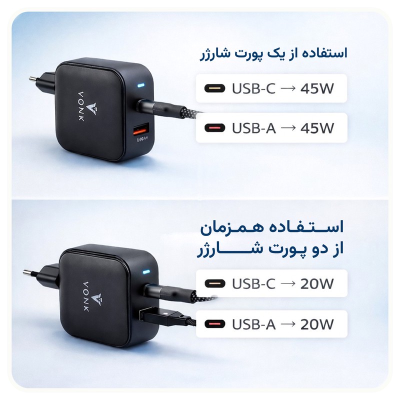 شارژر دیواری 45 وات دو پورت وونک مدل PD 45 به همراه کابل usb-c