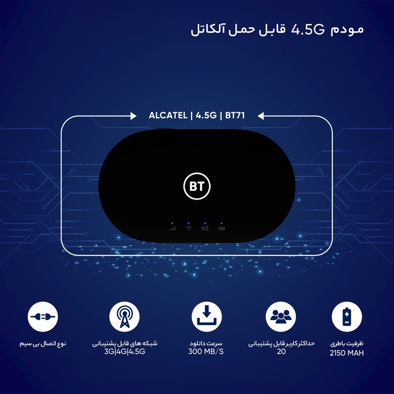 مودم 4.5G قابل حمل آلکاتل مدل BT71 با تکنولوژی Cat6 و Cat7، سرعت دانلود تا 300Mbps، پشتیبانی همزمان از 20 کاربر، وایف...