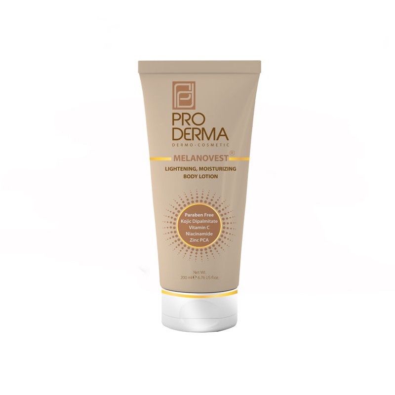 لوسیون بدن روشن کننده و مرطوبکننده پرودرما مدل MELANOVEST حجم 200 میلیلیتر حاوی ویتامین C و ترکیبات ضد لک مناسب انواع...
