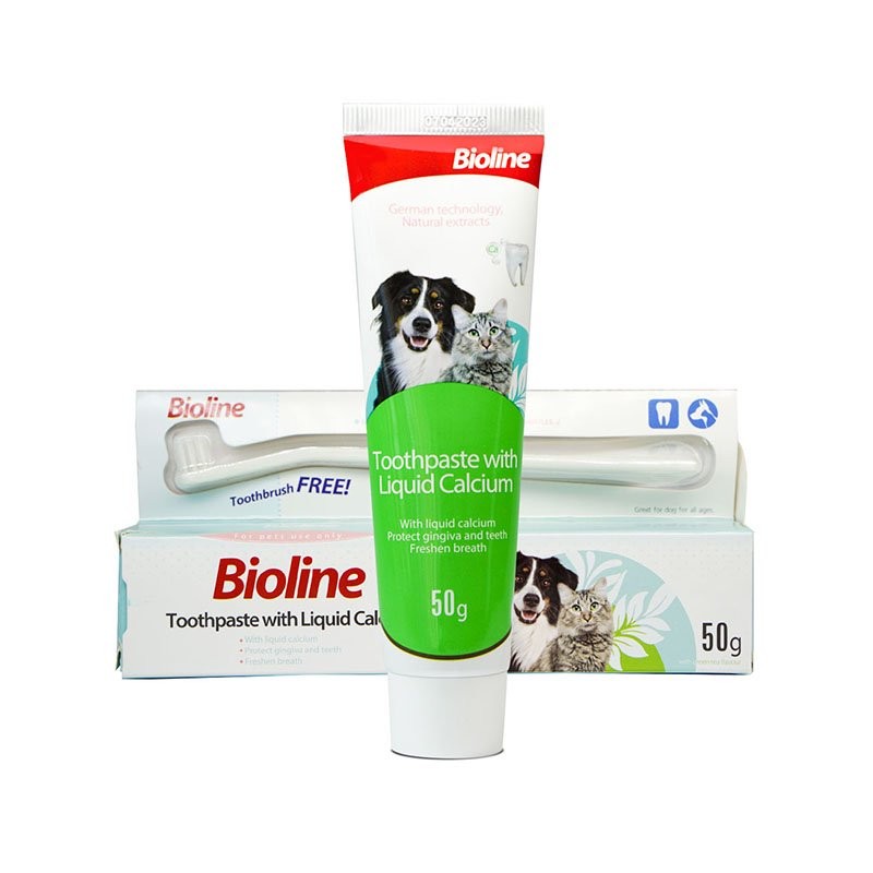 ست مسواک و خمیر دندان سگ بایولاین مدل Calcium وزن 50 گرم