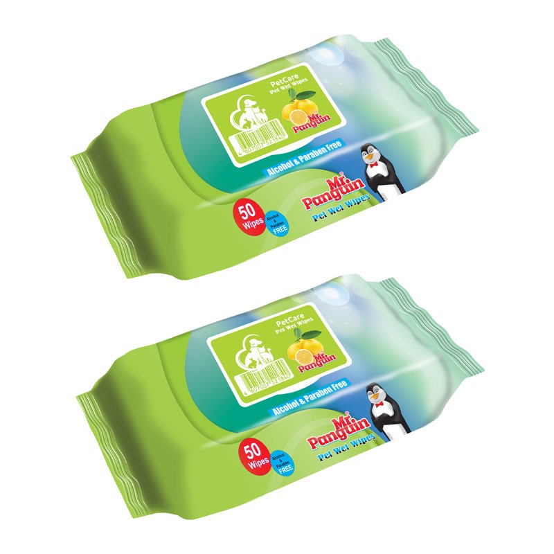 دستمال مرطوب حیوانات خانگی مستر پنگوئن مدل Lemon وزن 300 گرم بسته 2 عددی