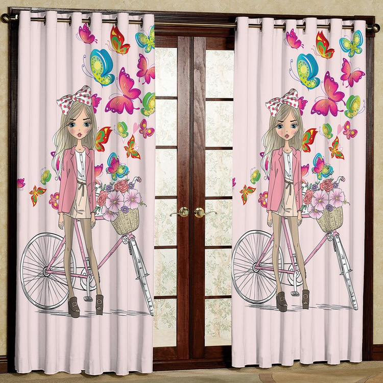 پرده مدل دختر و دوچرخه مخمل پانچی کد 335L سایز 140x280 سانتی متر